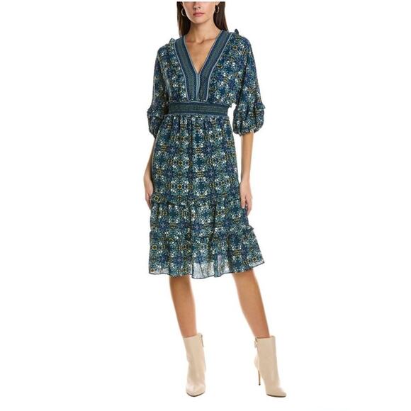 NWT MAX STUDIO Bubble Crepe Midi Dress Size XS In Green Tiered Ruffles V-neck - Picture 1 of 8